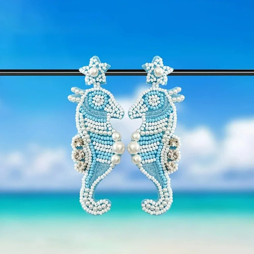 NEW! HAND BEADED Rice BALL STATEMENT SEAHORSE EARRINGS